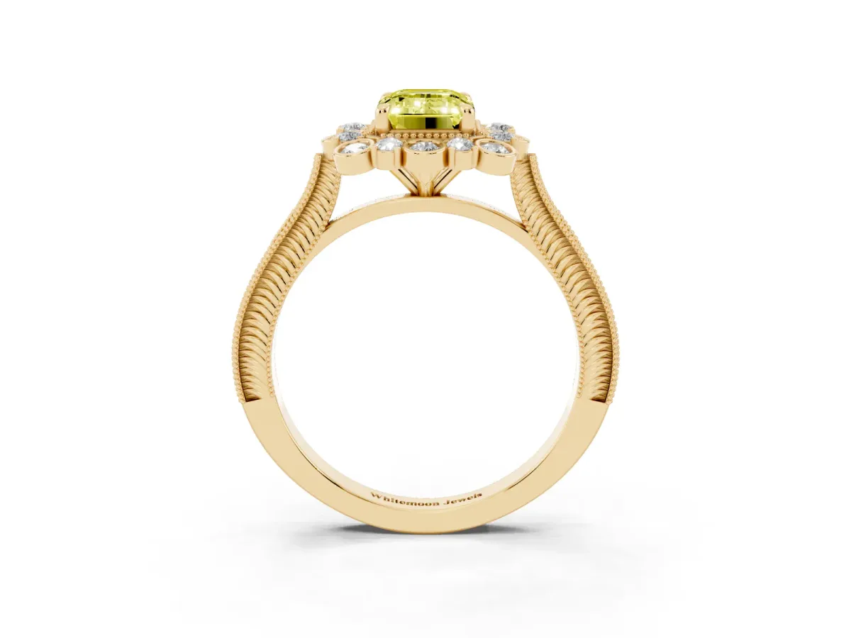 Fancy Yellow Emerald Cut Halo Milgrain Pave Diamond Ring with Four-Prong Setting Yellow gold