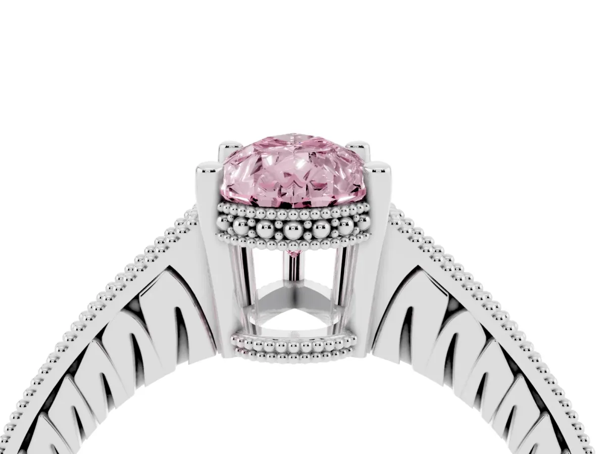 Fancy Pink Pear Cut Solitaire Pavé Diamond Milgrain Engagement Ring with Four-Prong Setting Silver