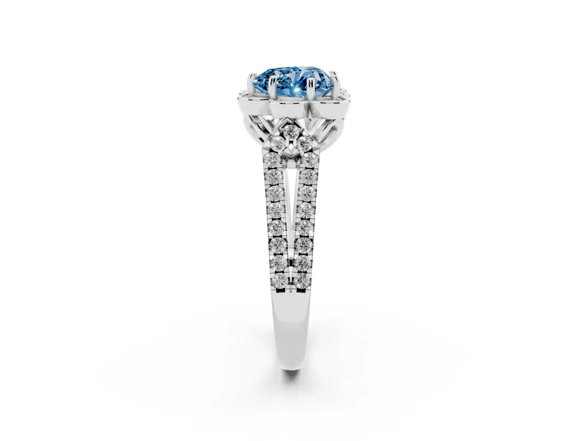 Fancy Blue Heart Cut Halo Diamond Floral Split Shank Engagement Ring Silver