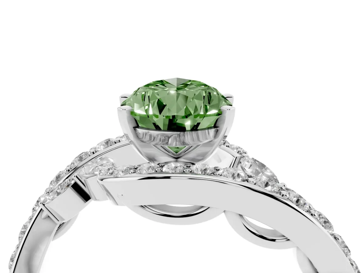 Fancy Green Pear Cut Solitaire with Pavé Twist Band and Four-Prong Setting Silver