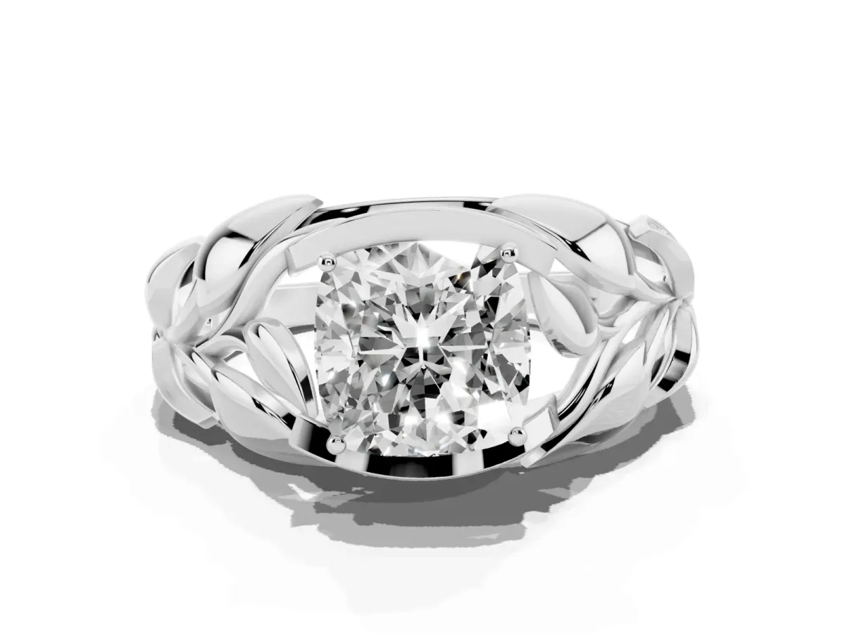 Cushion Cut Diamond Leaf-Inspired Engagement Ring with Round Accents and Prong Setting Silver