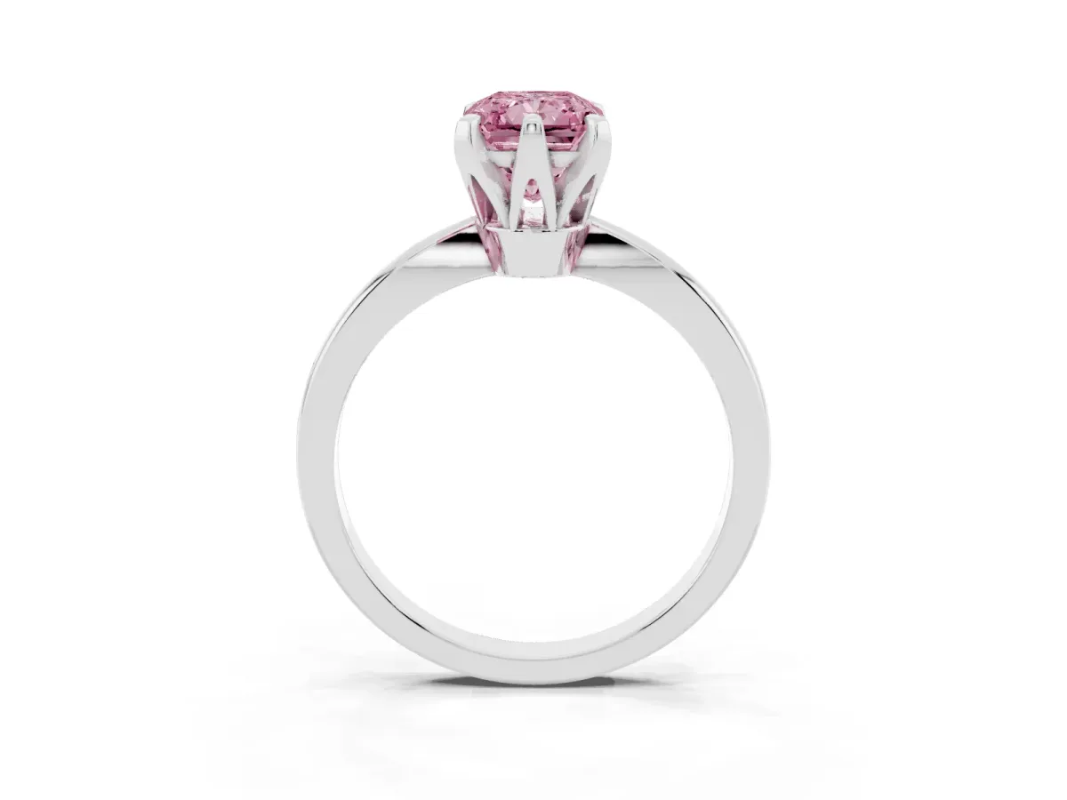Fancy Pink Radiant Cut Solitaire Engagement Ring with Six-Prong Setting and Tapered Band Platinum