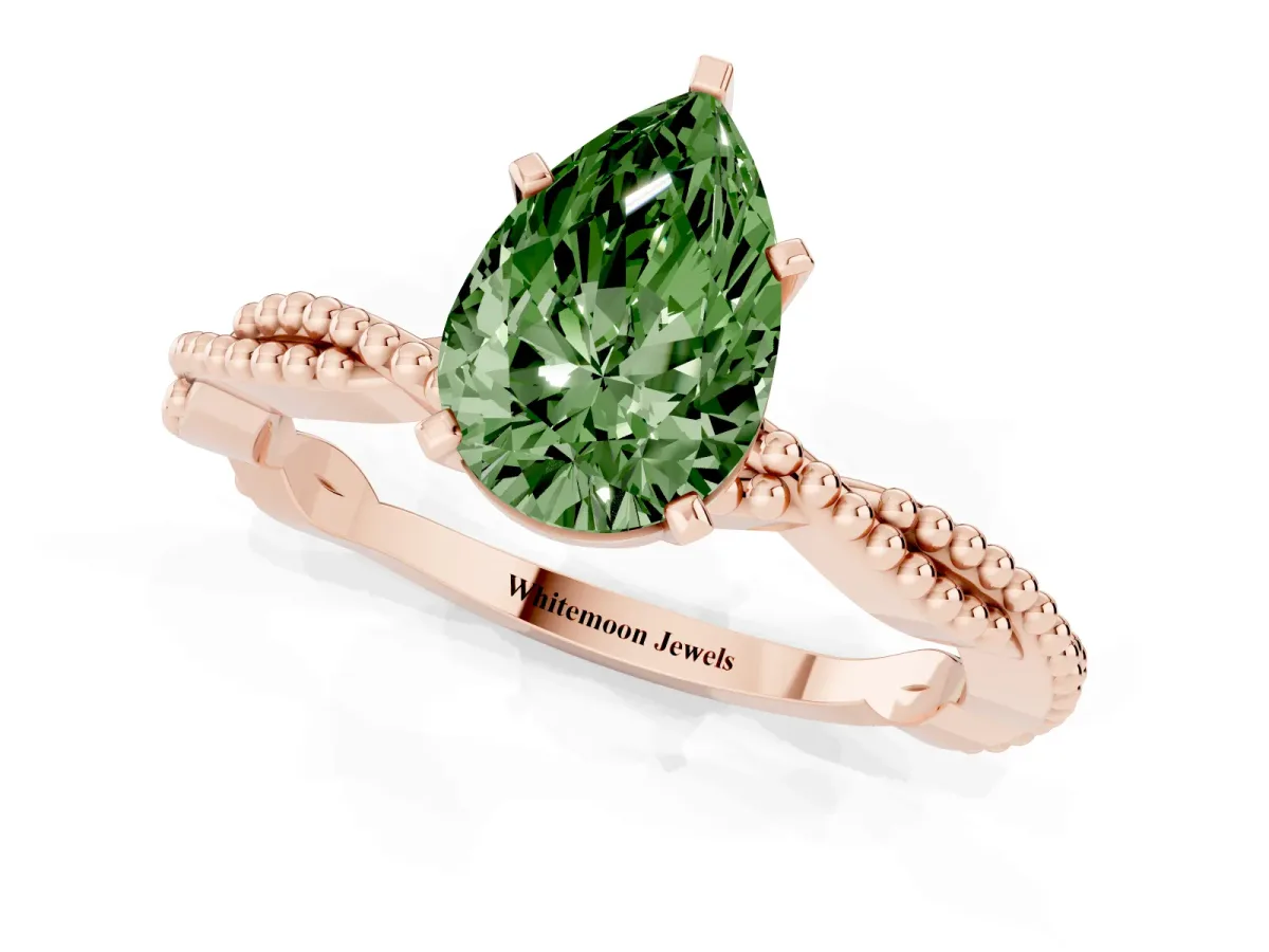 Fancy Green Pear Cut Solitaire Twisted Band with Bead Prong Setting Rose gold