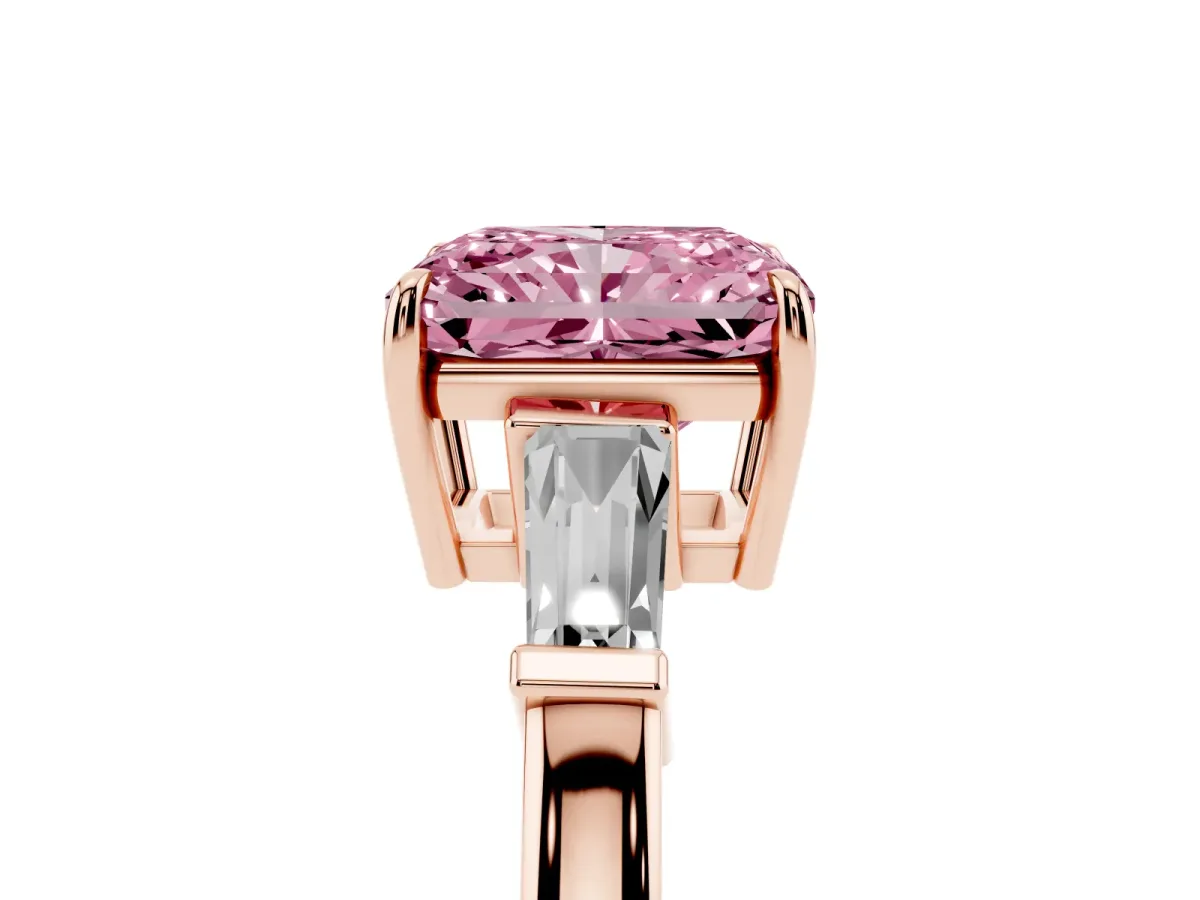 Fancy Pink Radiant Cut Diamond Three-Stone Ring with Tapered Baguette Side Stones and Prong Setting Rose gold