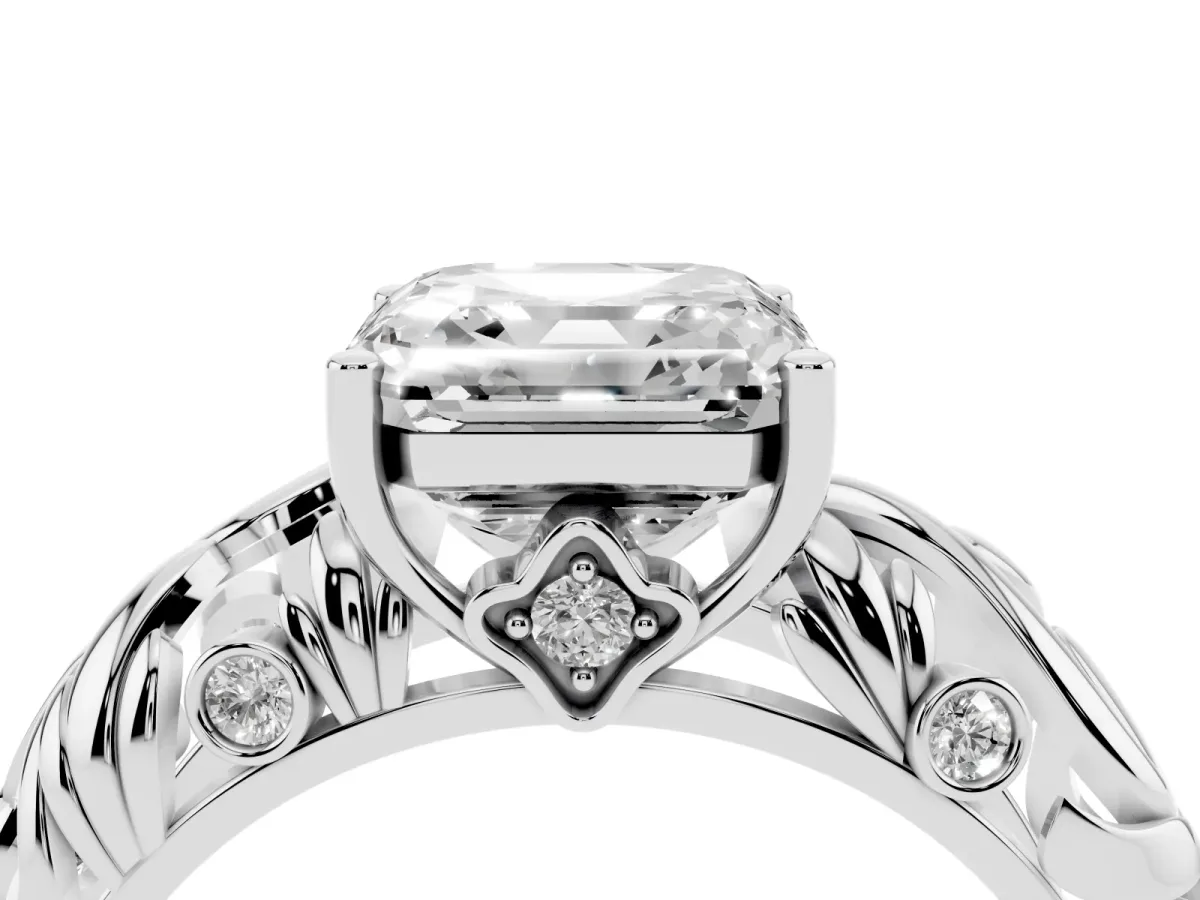 Asscher Cut Solitaire Diamond Leaf-Inspired Vine Band Ring with Prong Setting Silver