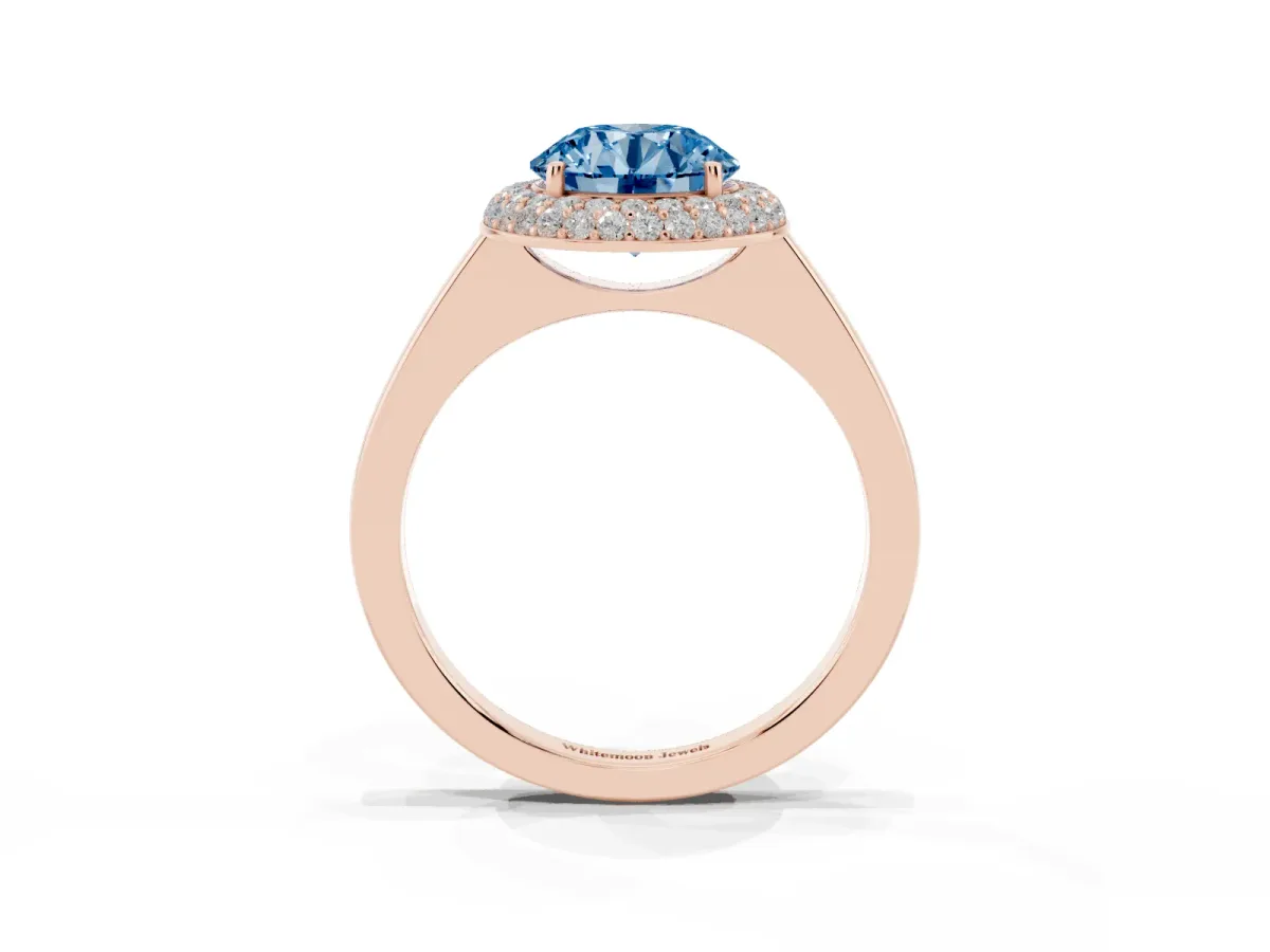 Fancy Blue Round Cut Halo Diamond Engagement Ring with Solitaire Band and Four-Prong Setting Rose gold