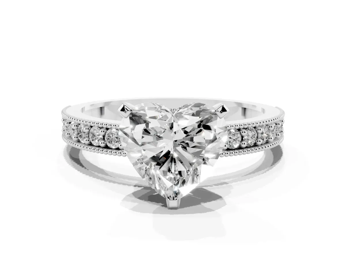 Heart Cut Diamond Milgrain Pavé Engagement Ring with Four-Prong Setting Platinum