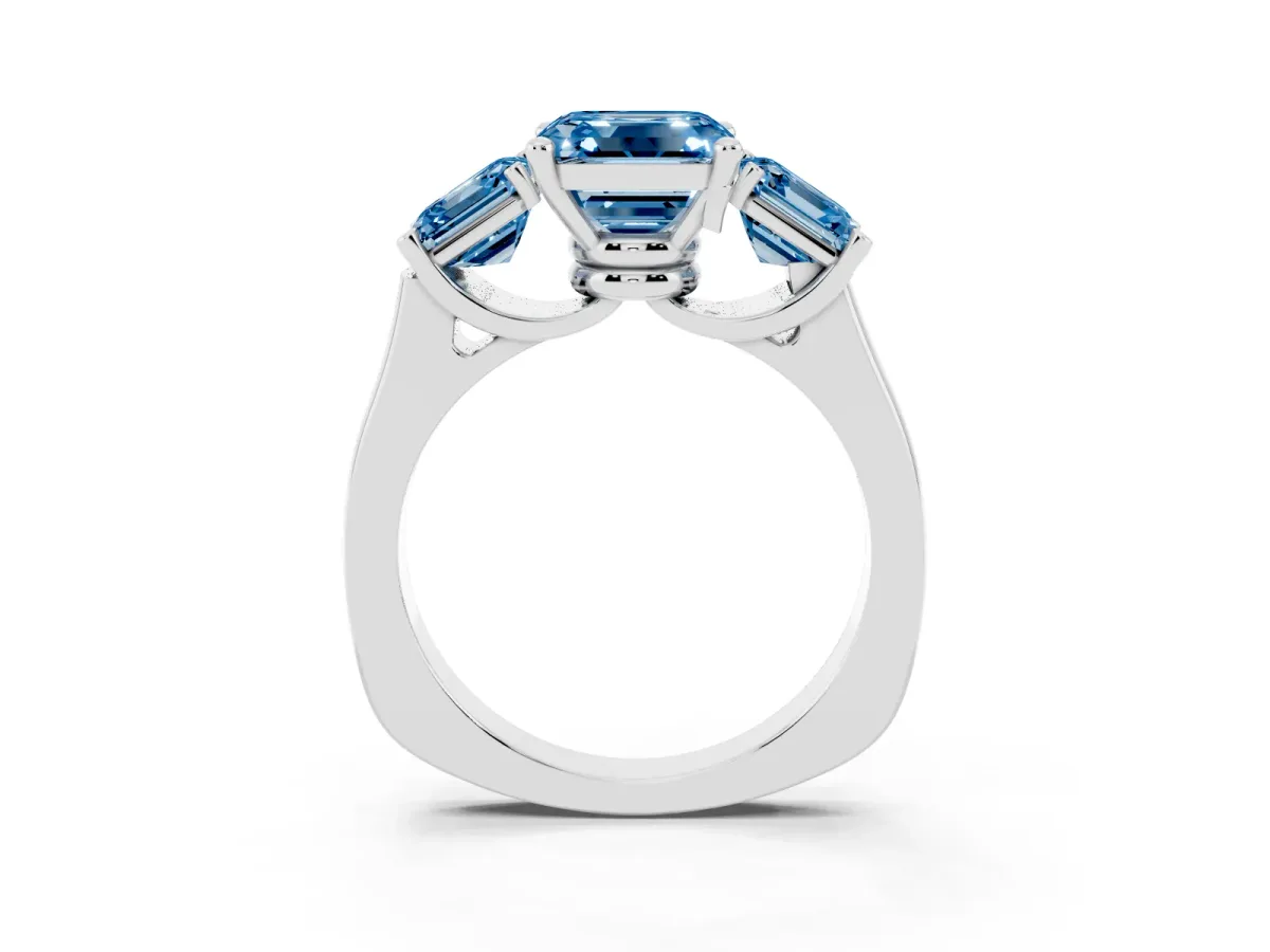 Fancy Blue Three-Stone Asscher Cut Brilliant Diamond Trellis Ring with Comfort Fit Band Silver