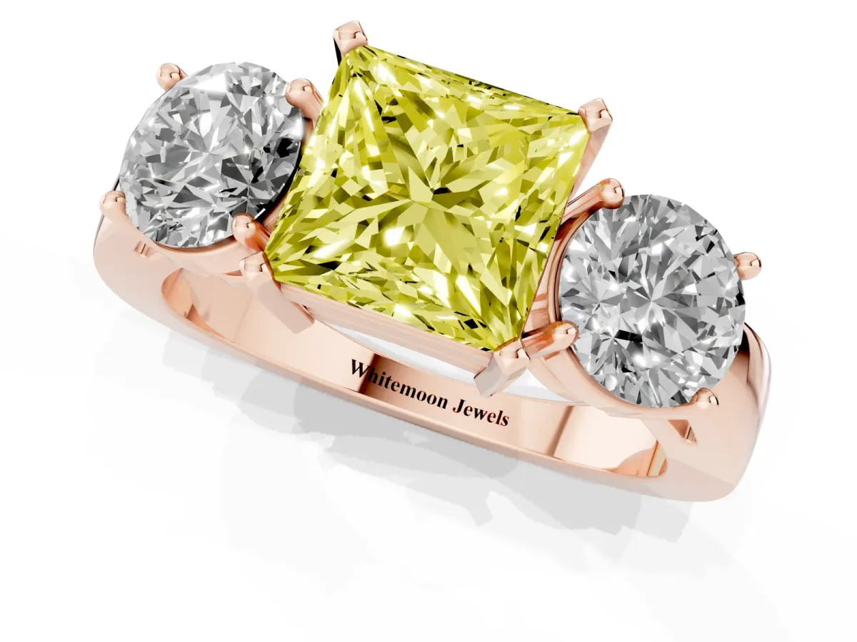 Fancy Yellow Three-Stone Princess Cut Diamond Ring with Round Side Stones, Classic Band, and Four-Prong Setting Rose gold