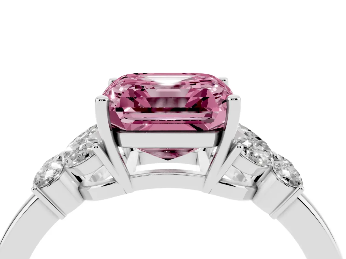 Fancy Pink Asscher Cut Cut Solitaire Floral Diamond Ring with Four-Prong Setting Silver