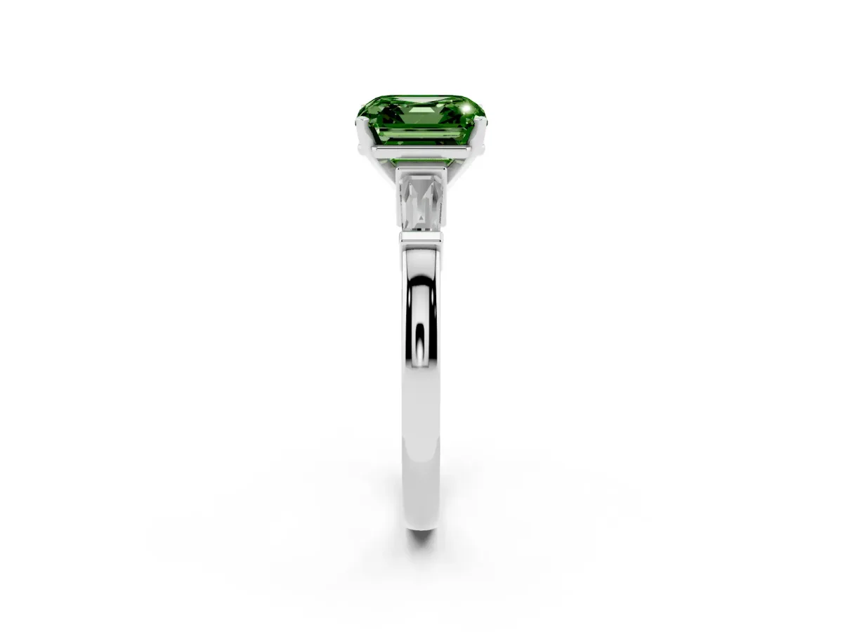 Fancy Green Asscher Cut Cut Diamond Solitaire Ring with Tapered Baguette Accents and Four-Prong Setting Platinum