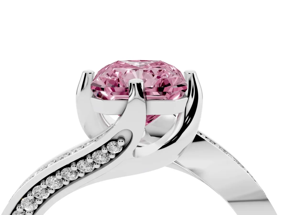 Fancy Pink Radiant Cut Solitaire Diamond Twist Band with Pavé Setting and Four-Prong Setting Silver