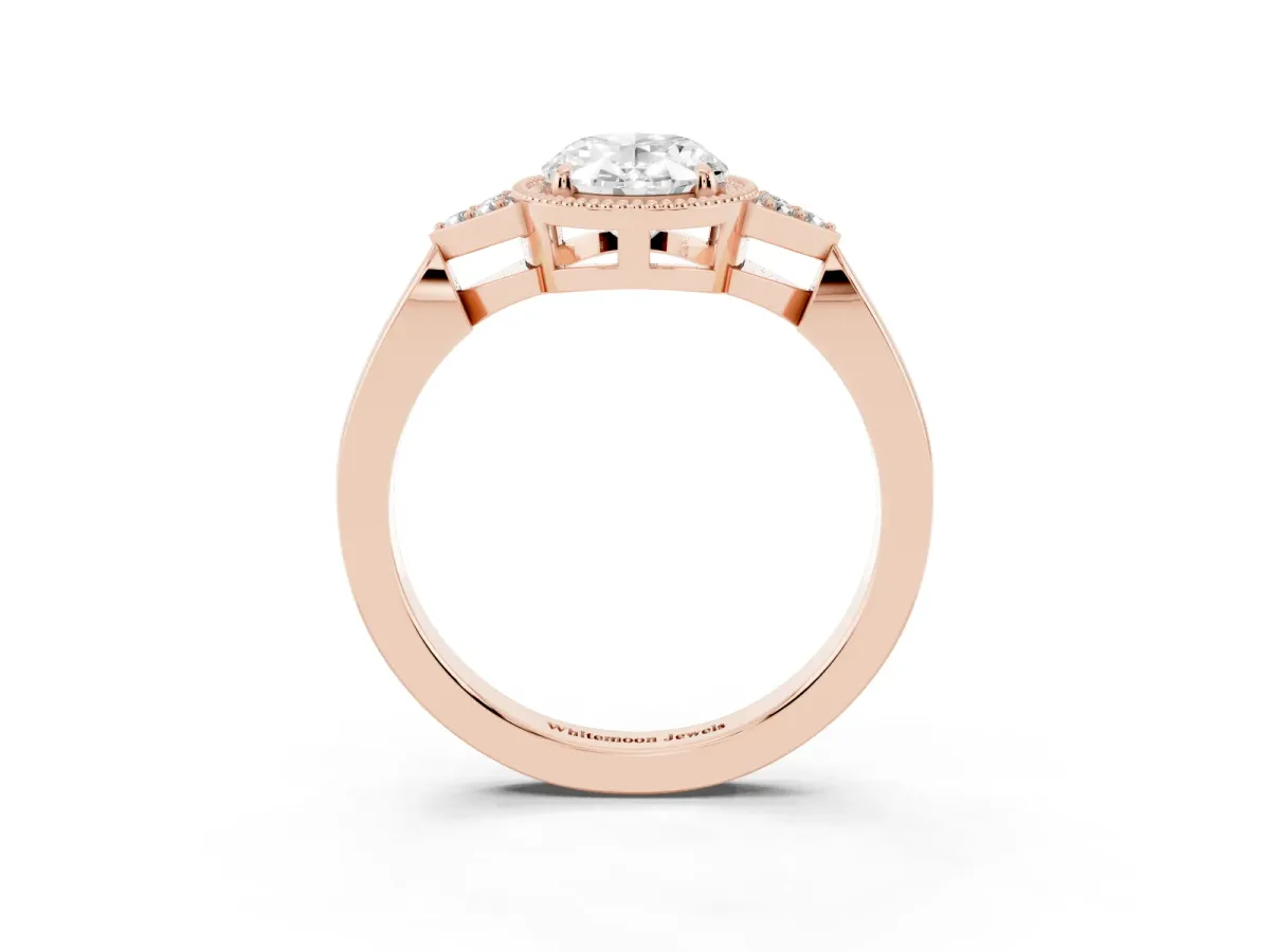 Hexagonal Halo Oval Cut Diamond Solitaire with Pavé Band and Four-Prong Setting Rose gold