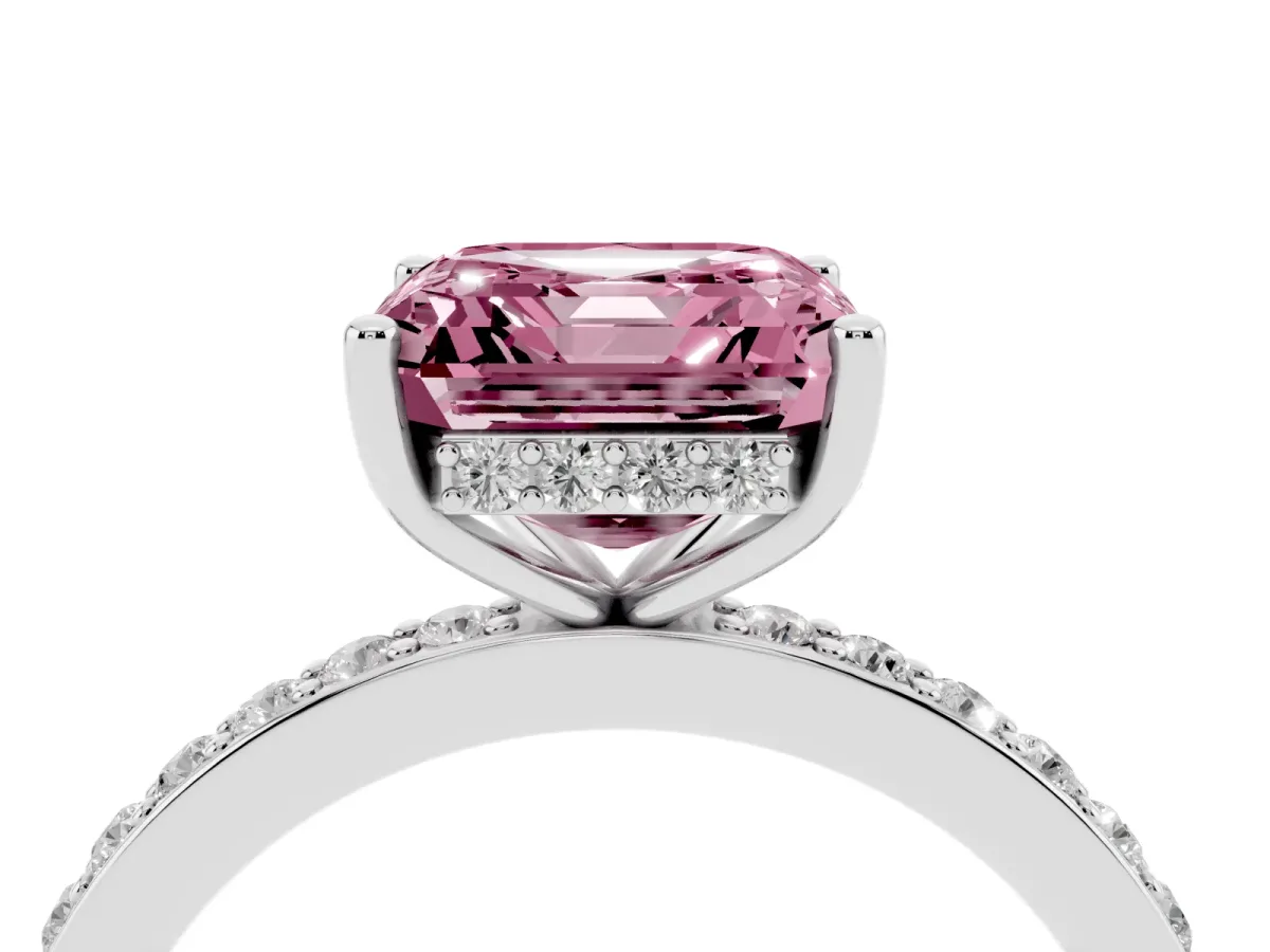 Fancy Pink Asscher Cut Cut Diamond Pavé Band Ring with Four-Prong Setting Platinum