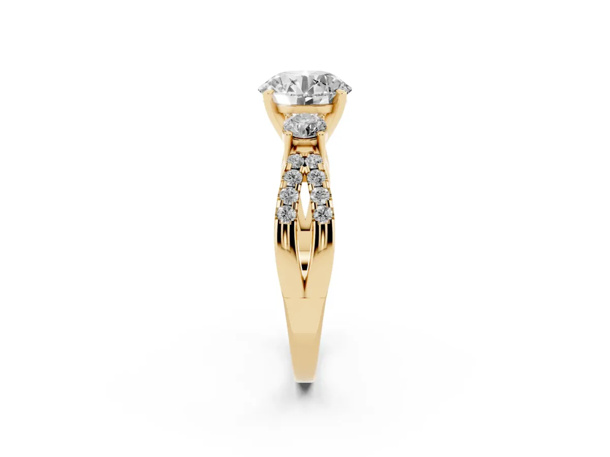 Round Cut Diamond Three-Stone Ring with Pavé Split Shank and Four-Prong Setting Yellow gold