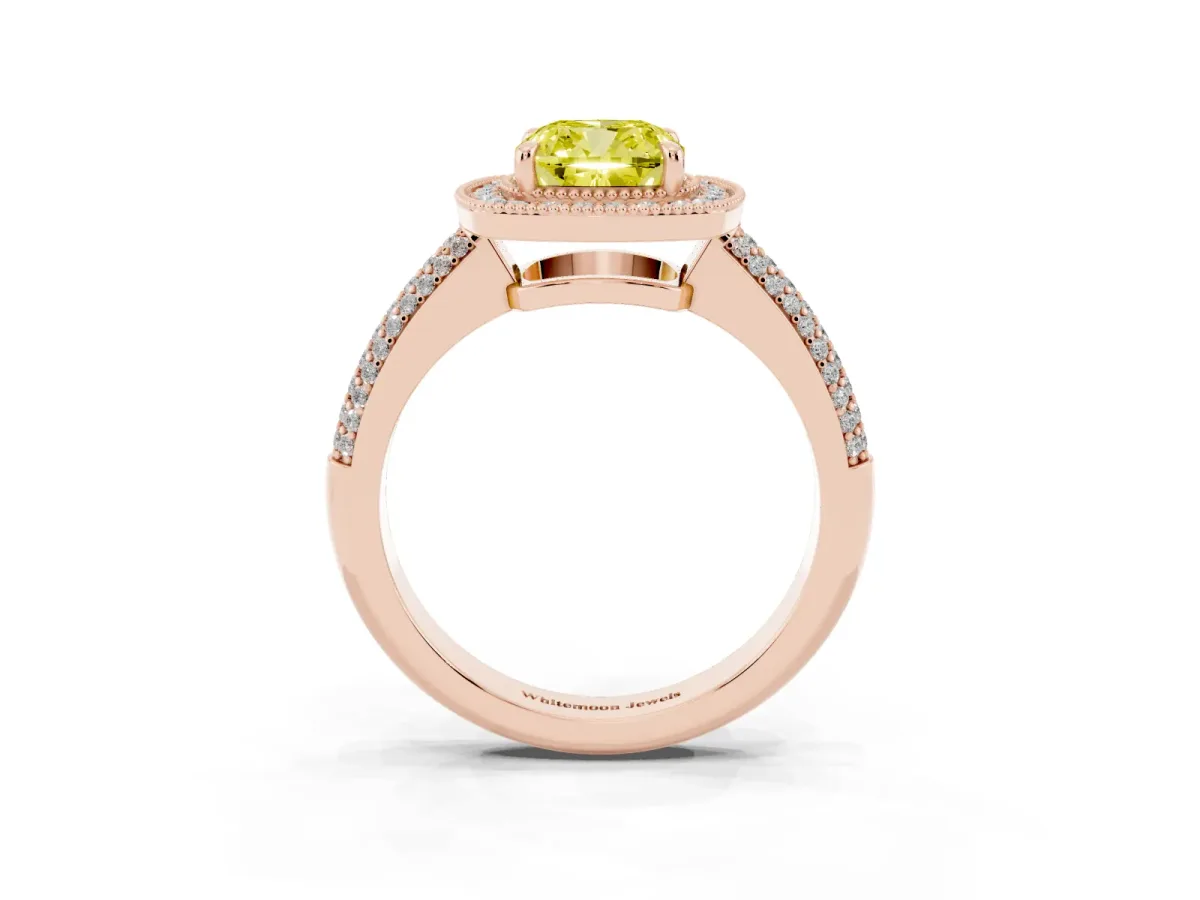 Fancy Yellow Cushion Cut Cut Halo Diamond Pave Band with Four-Prong Setting Rose gold