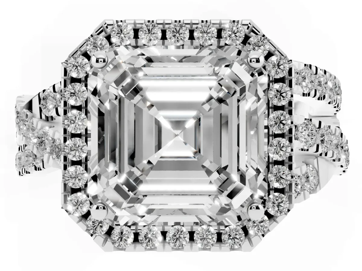 Asscher Cut Diamond Halo Ring with Round Split Shank and Prong Setting White gold