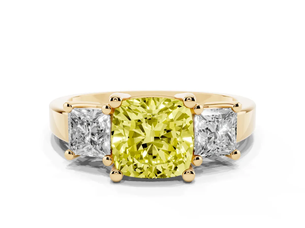 Fancy Yellow Three-Stone Cushion Cut Cut Solitaire Ring with Prong Setting Yellow gold