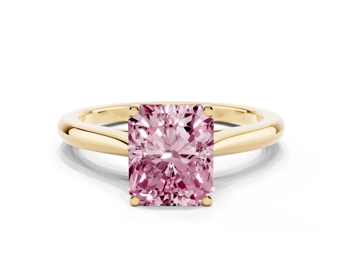 Fancy Pink Radiant Cut Cut Solitaire Ring with Cathedral Band and Four-Prong Setting Yellow gold