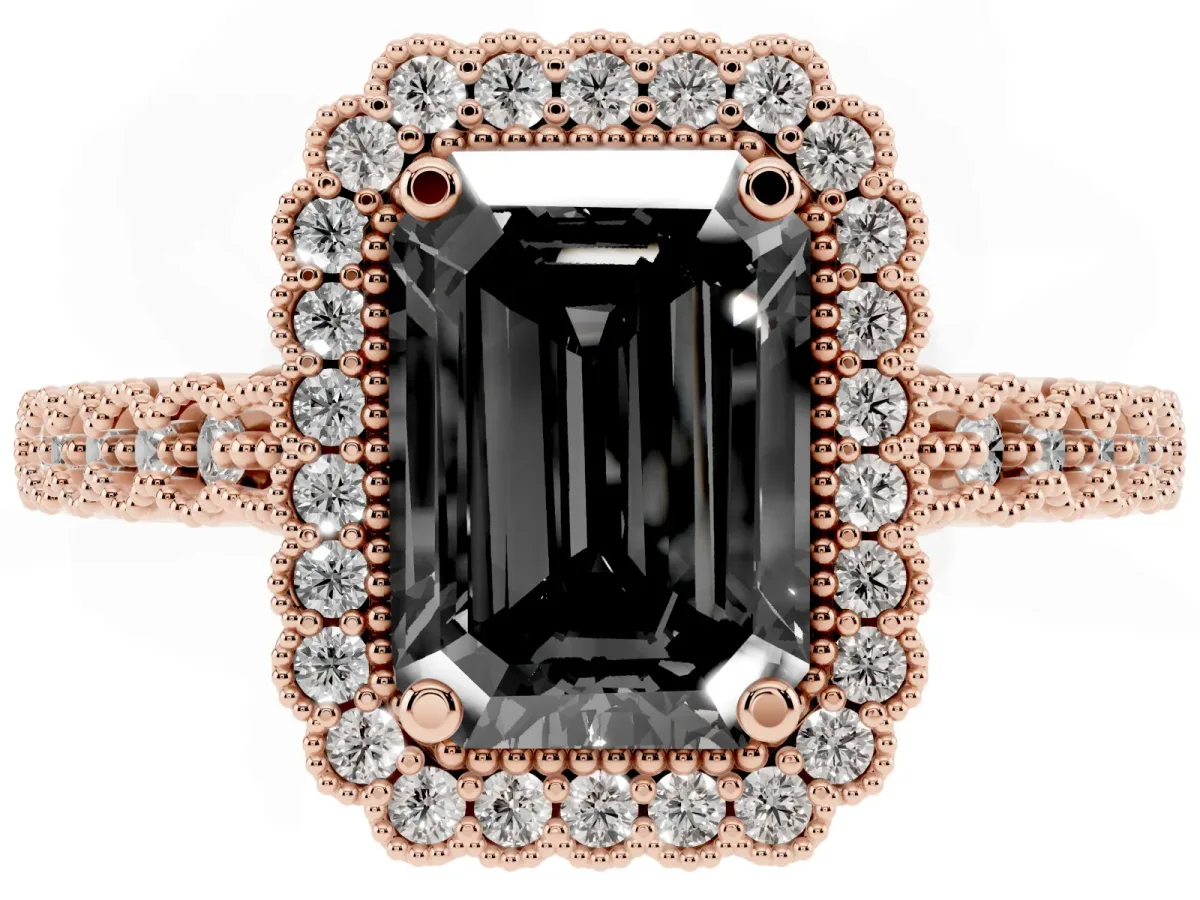 Fancy Black Emerald Cut Cut Halo Pavé Solitaire Ring with Milgrain Band Rose gold