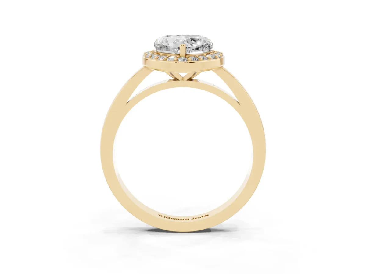 Heart Cut Halo Diamond Ring with Solitaire Band and Prong Setting Yellow gold