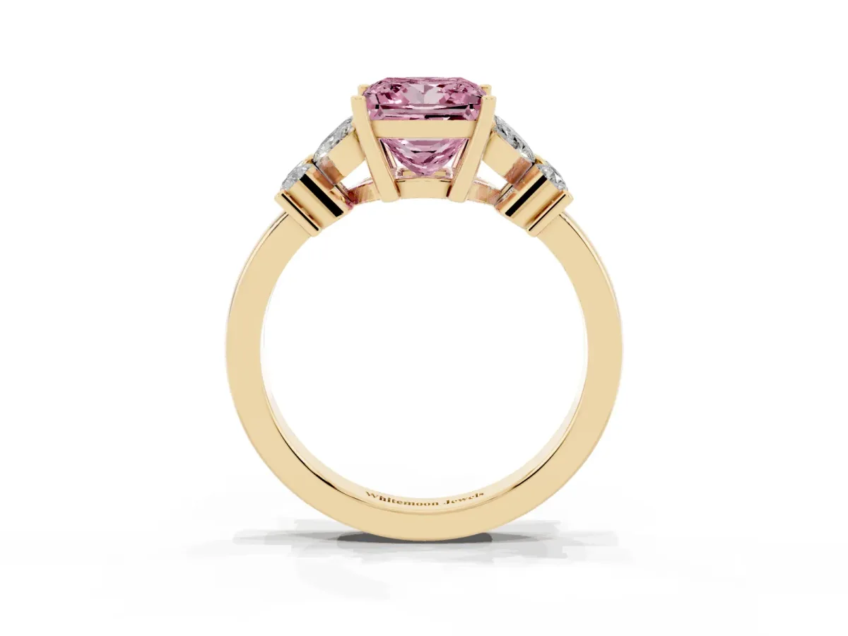 Fancy Pink Princess Cut Diamond Floral Cluster Ring with Solitaire Band and Prong Setting Yellow gold