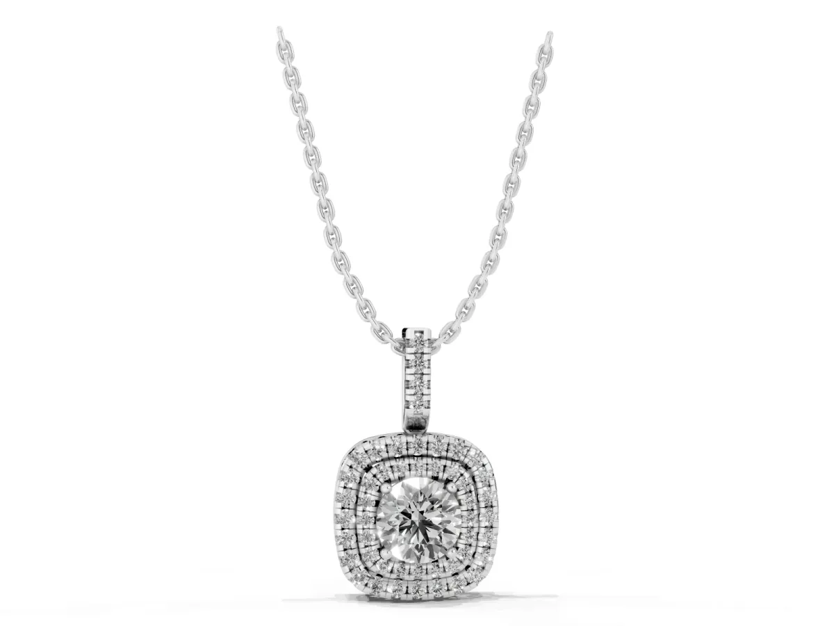 Double Halo Round Diamond Pendant with Pavé Setting and Prong Setting Silver