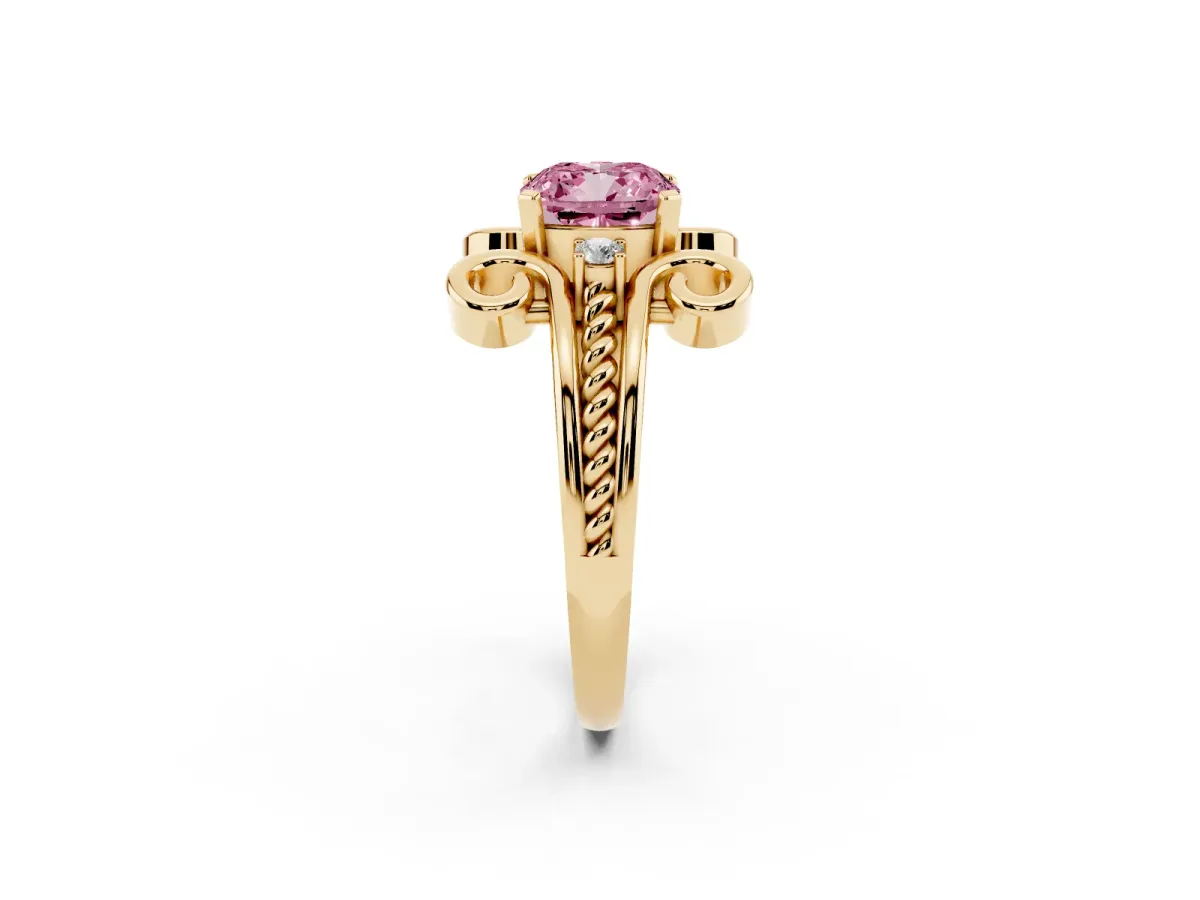 Fancy Pink Cushion Cut Solitaire Twisted Band Scroll Prong Ring Yellow gold