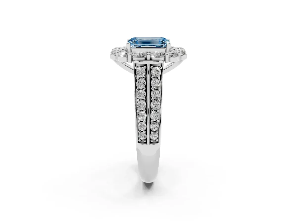 Fancy Blue Emerald Cut Halo Diamond Engagement Ring with Split Shank and Prong Setting Silver
