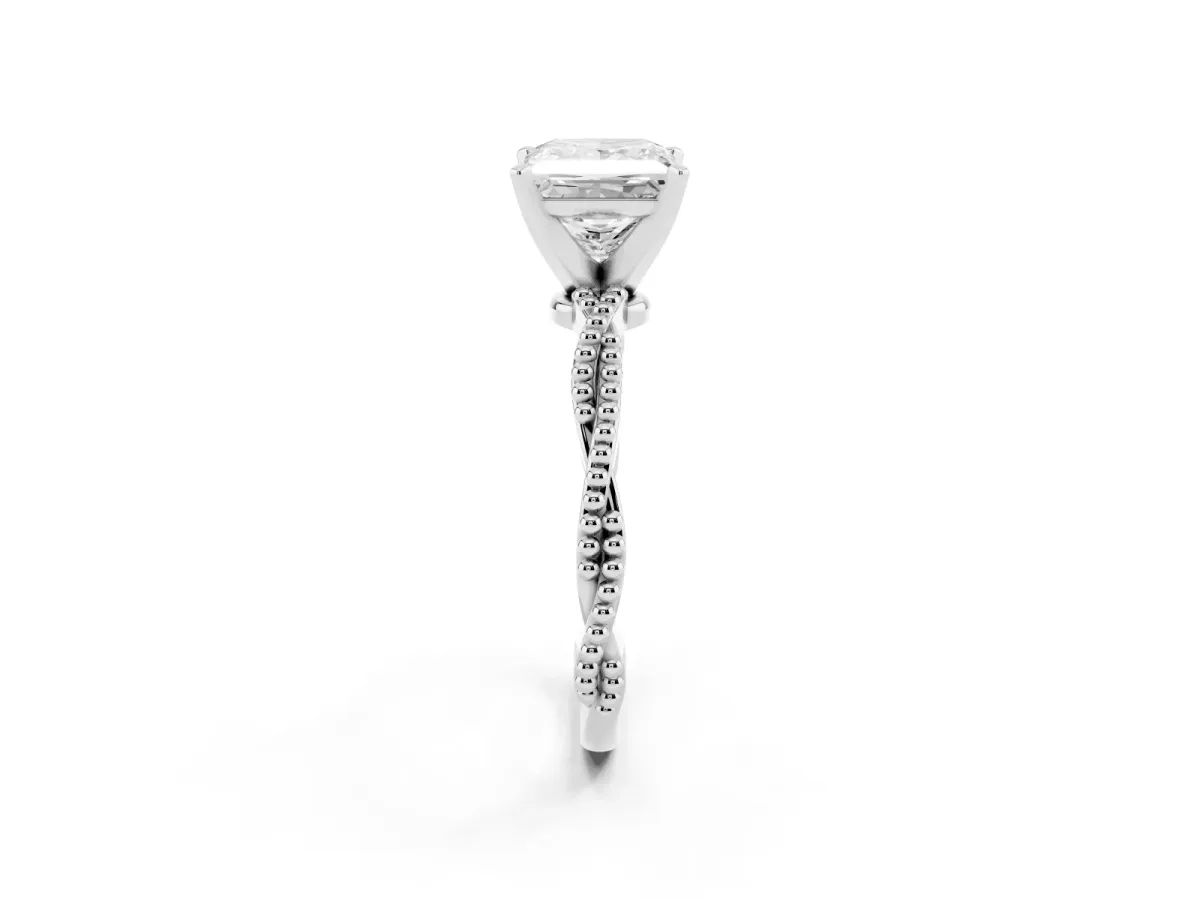 Princess Cut Solitaire Twisted Band with Bead Prong Setting Platinum