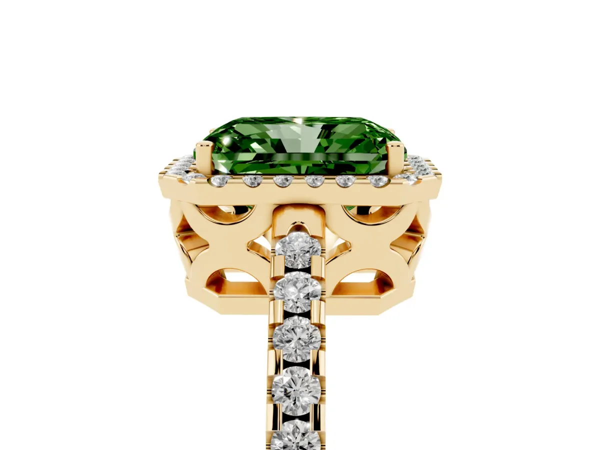 Fancy Green Radiant Cut Diamond Halo Engagement Ring with Pavé Band and Prong Setting Yellow gold