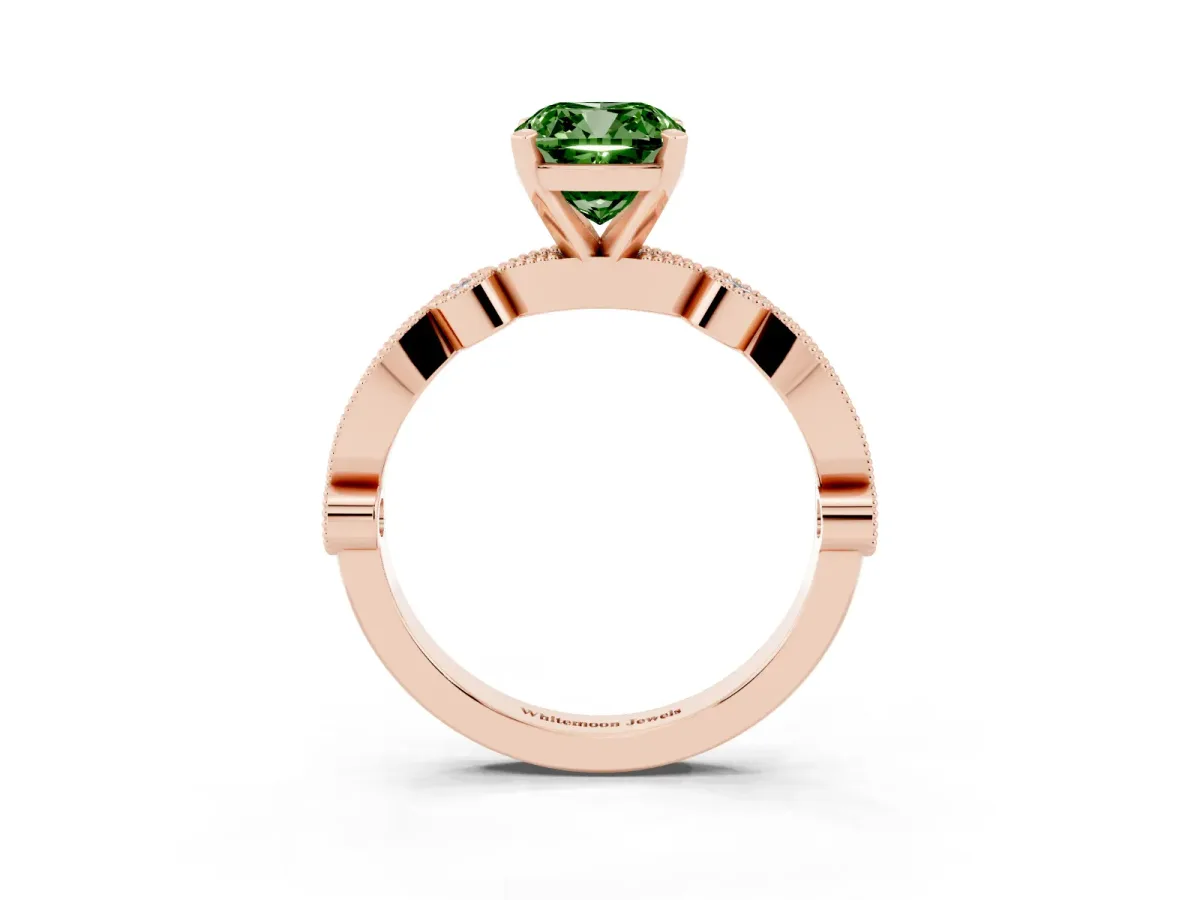 Fancy Green Cushion Cut Milgrain Bezel Diamond Engagement Ring with Solitaire Prong Setting Rose gold