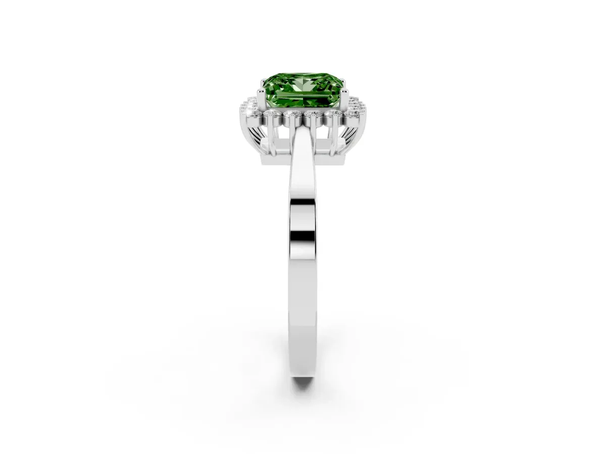 Fancy Green Princess Cut Cut Diamond Halo Ring with Round Brilliant Halo and Solitaire Band Silver