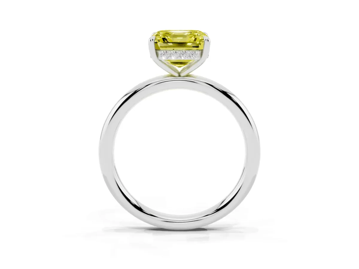 Fancy Yellow Asscher Cut Diamond Solitaire Ring with Thin Band and Four-Prong Setting Silver