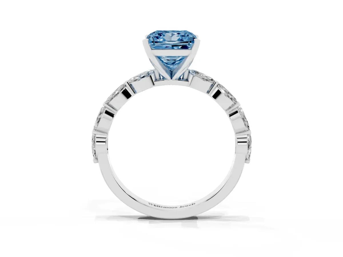 Fancy Blue Princess Cut Diamond Ring with Marquise Side Stones and Prong Setting White gold