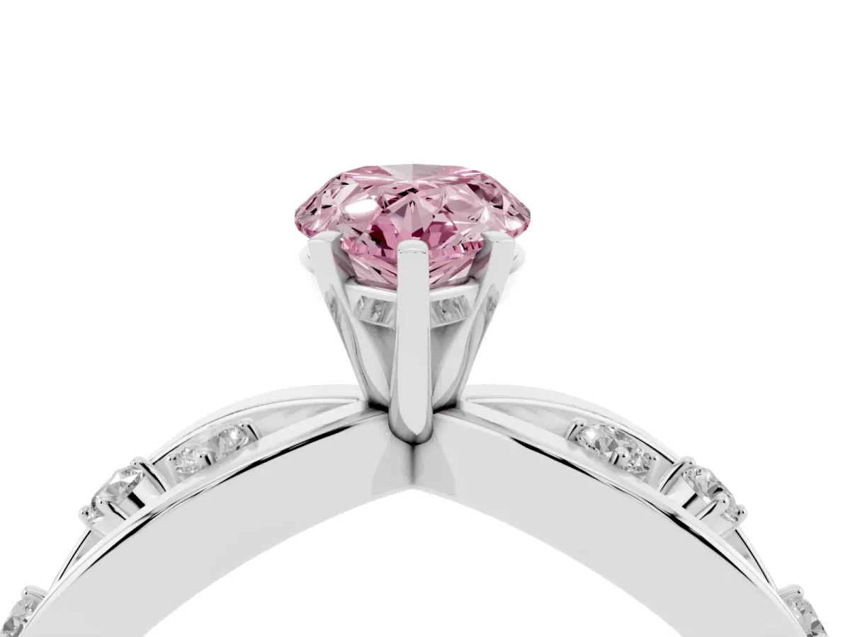 Fancy Pink Pear Cut Cut Solitaire Diamond with Side Stones on Criss-Cross Band and Four-Prong Setting Platinum