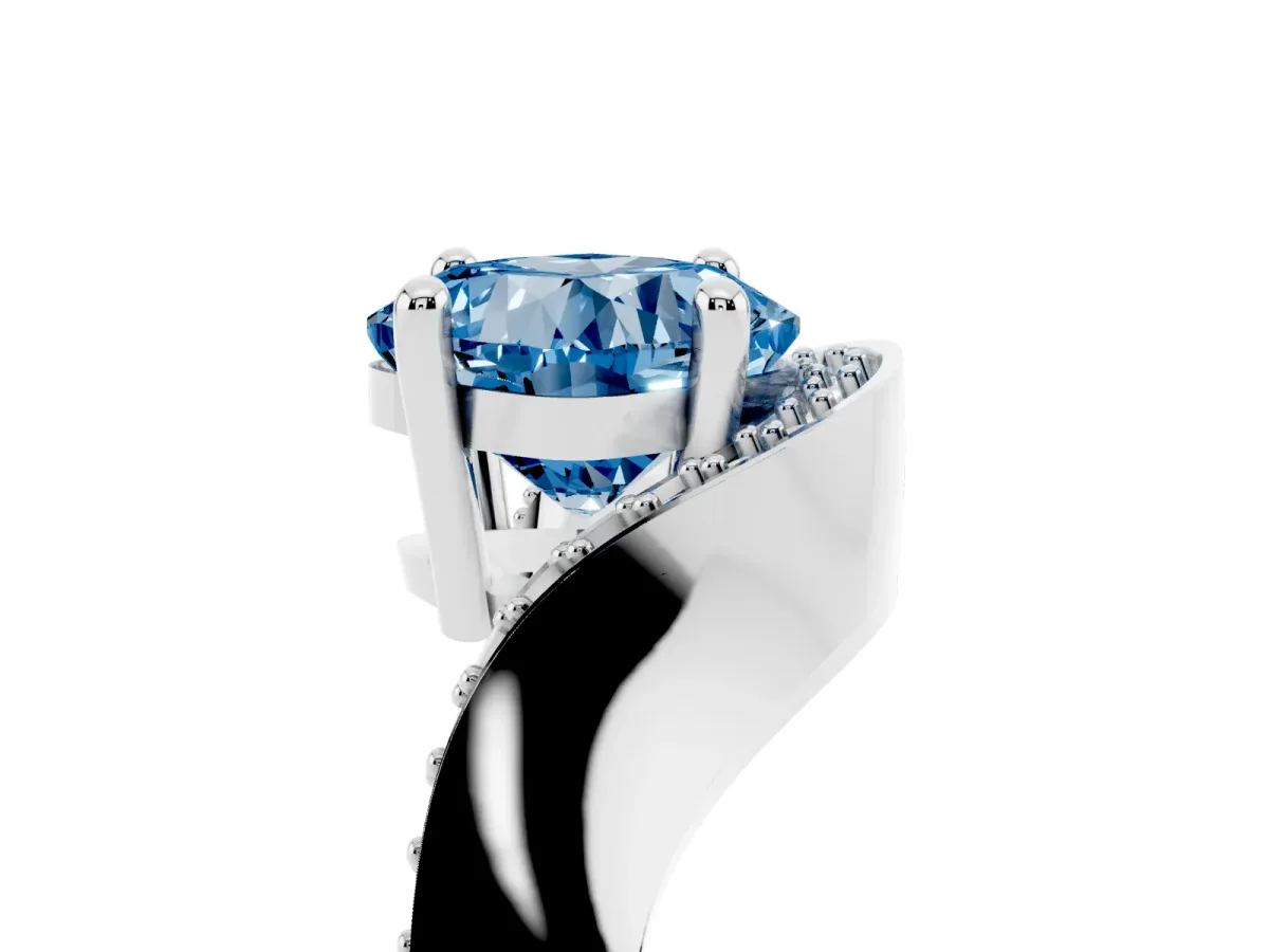 Fancy Blue Cushion Cut Solitaire Diamond Engagement Ring with Pave Band and Four-Prong Setting Platinum
