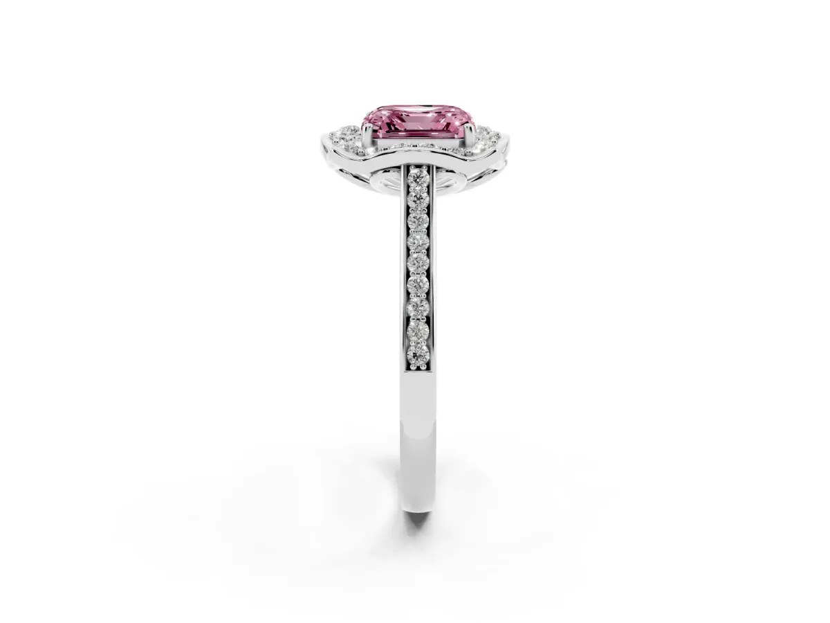 Fancy Pink Asscher Cut Halo Round Diamond Pave Band with Four-Prong Setting Platinum