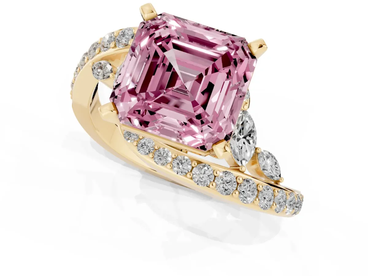 Fancy Pink Asscher Cut Solitaire with Pavé Twist Band and Four-Prong Setting Yellow gold
