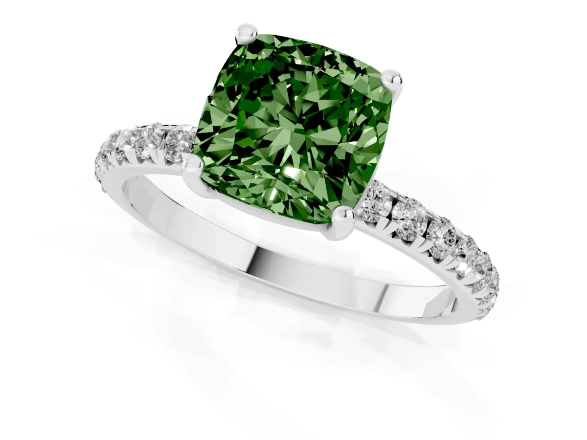 Fancy Green Cushion Cut Cut Diamond Solitaire Ring with Micro Pave Band and Four Prong Setting Silver