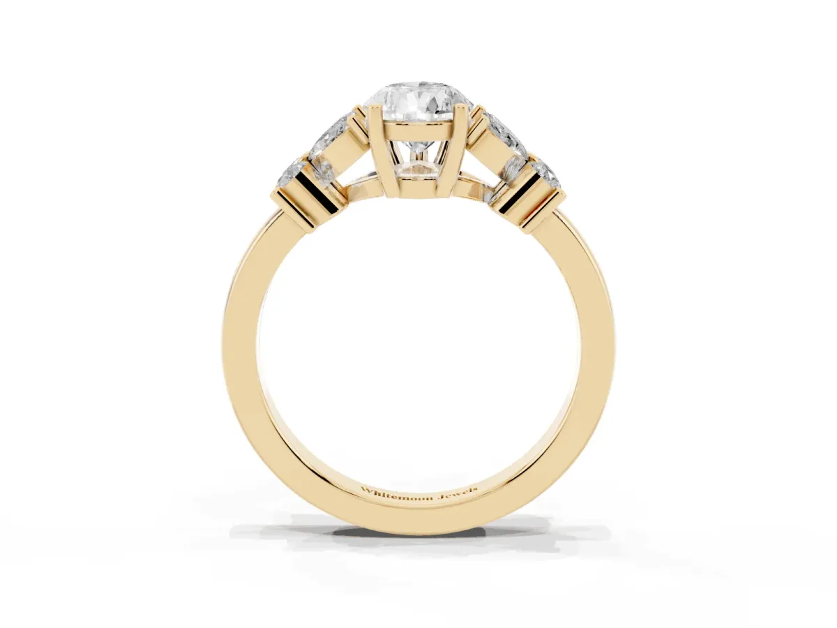 Pear Cut Diamond Floral Cluster Ring with Solitaire Band and Prong Setting Yellow gold