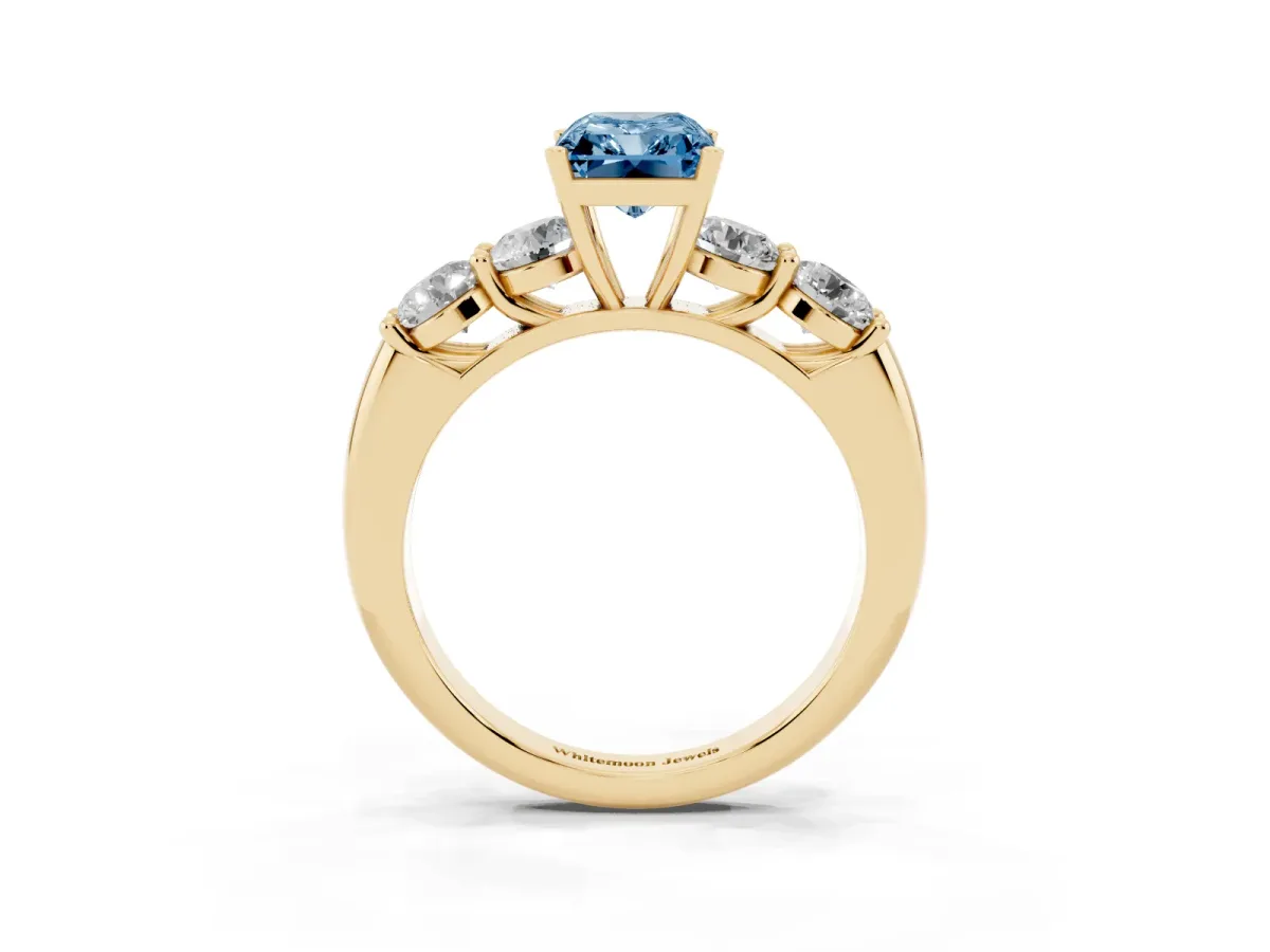 Fancy Blue Radiant Cut Cut Five-Stone Prong Set Diamond Ring with Classic Band Yellow gold
