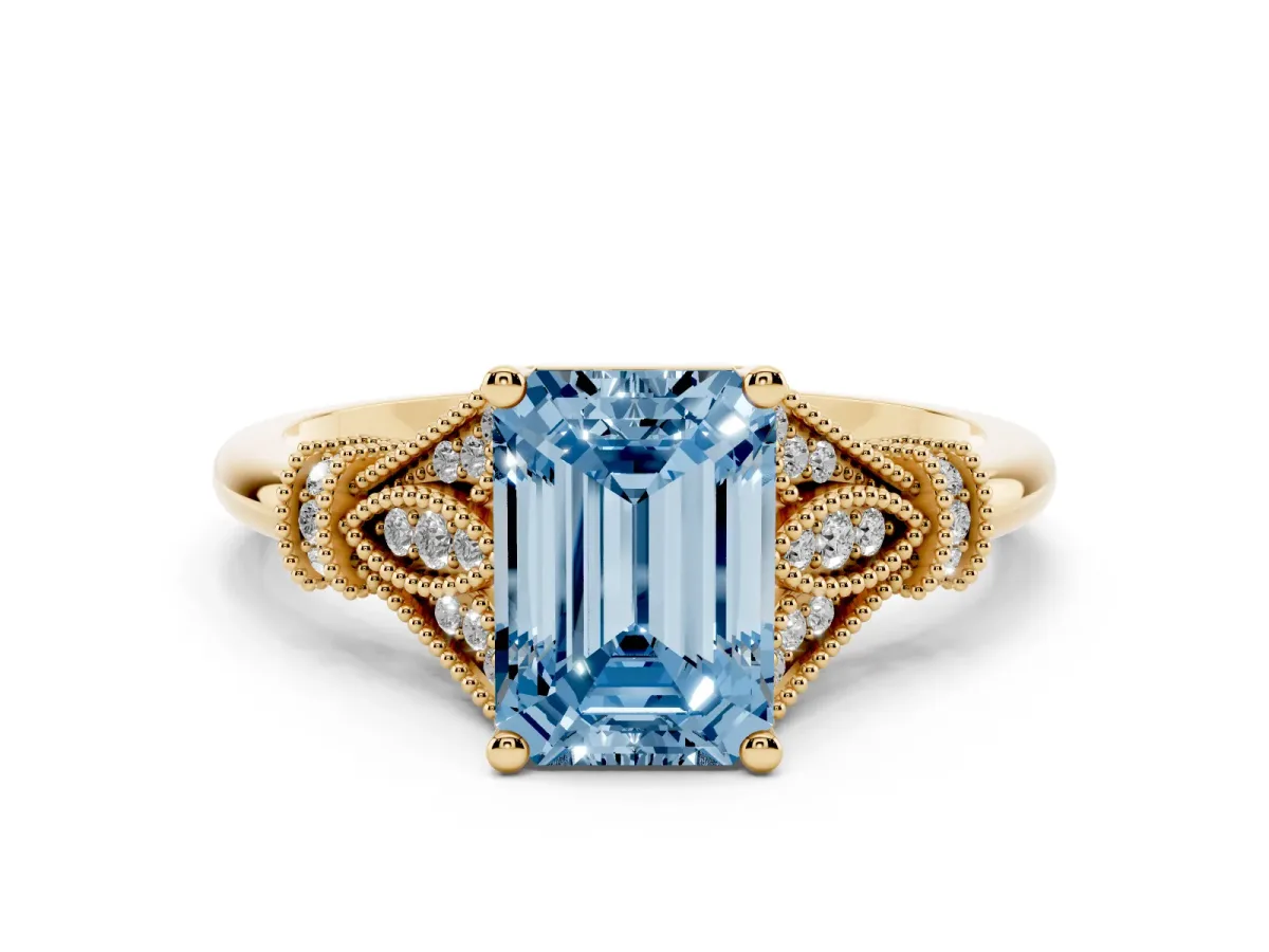 Fancy Blue Emerald Cut Diamond Solitaire Ring with Floral Filigree and Pave Accents Yellow gold