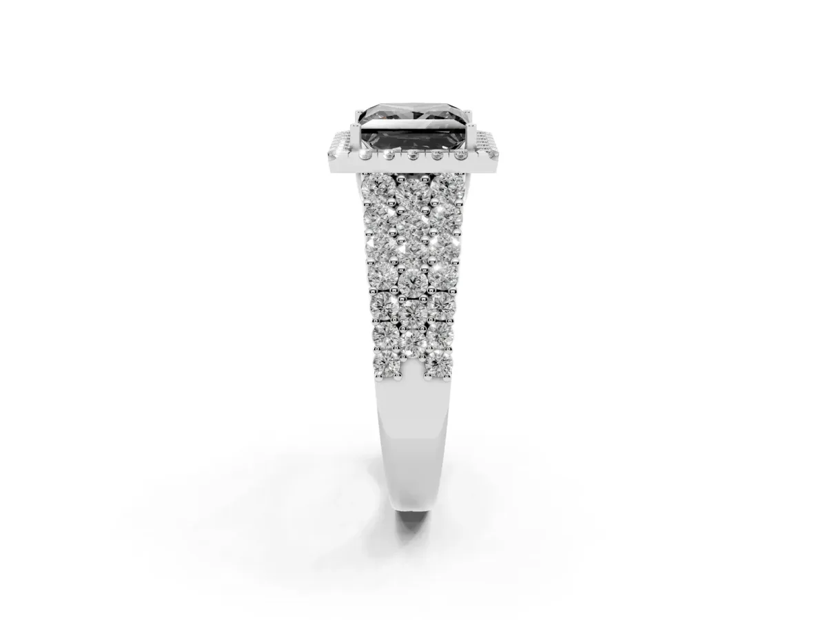 Fancy Black Princess Cut Diamond Halo Engagement Ring with Triple Row Round Pavé Band and Prong Setting Silver