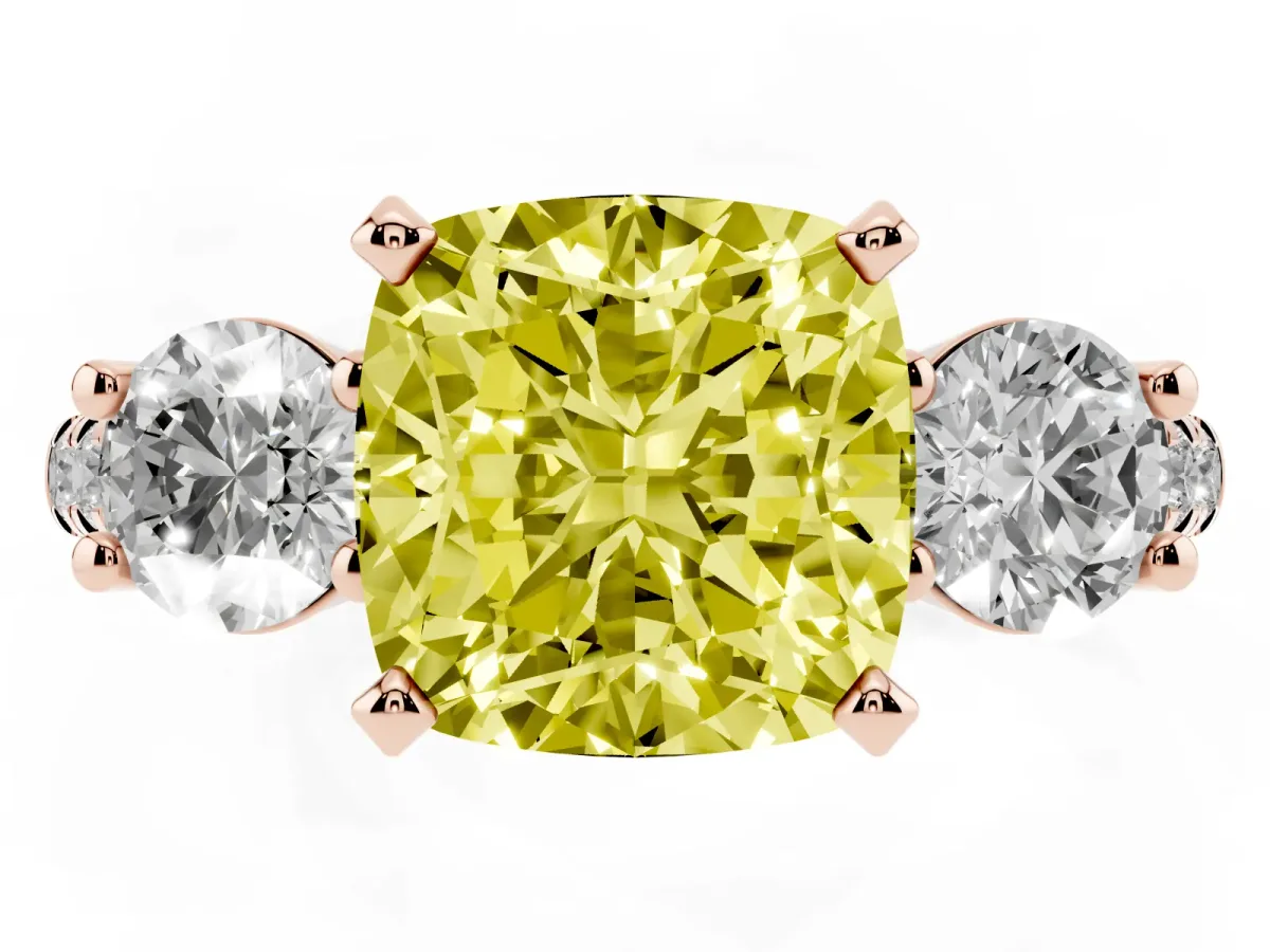 Fancy Yellow Three-Stone Cushion Cut Diamond Pavé Band with Four-Prong Setting Rose gold