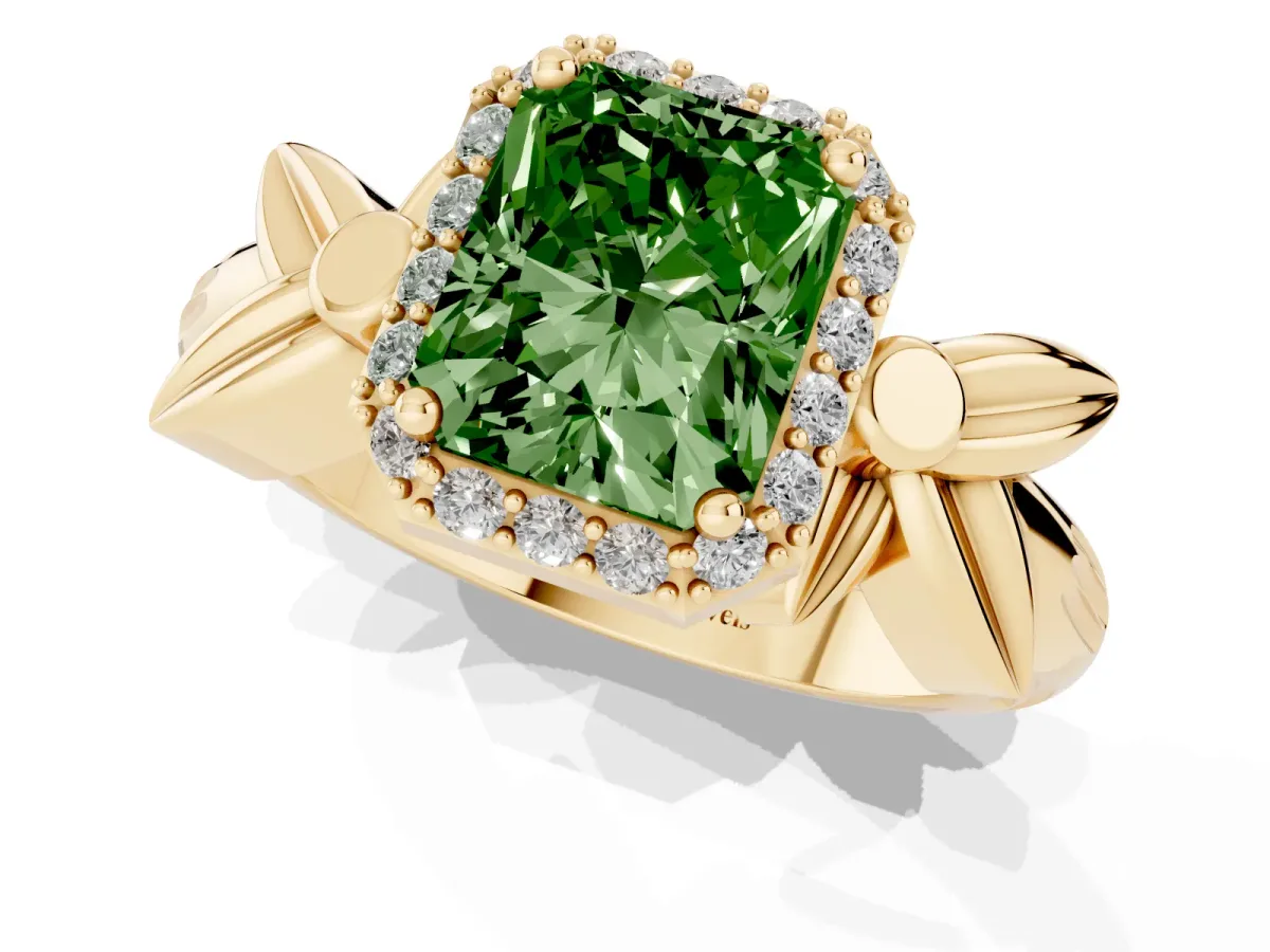Fancy Green Radiant Cut Halo Diamond Floral Band with Four-Prong Setting Yellow gold