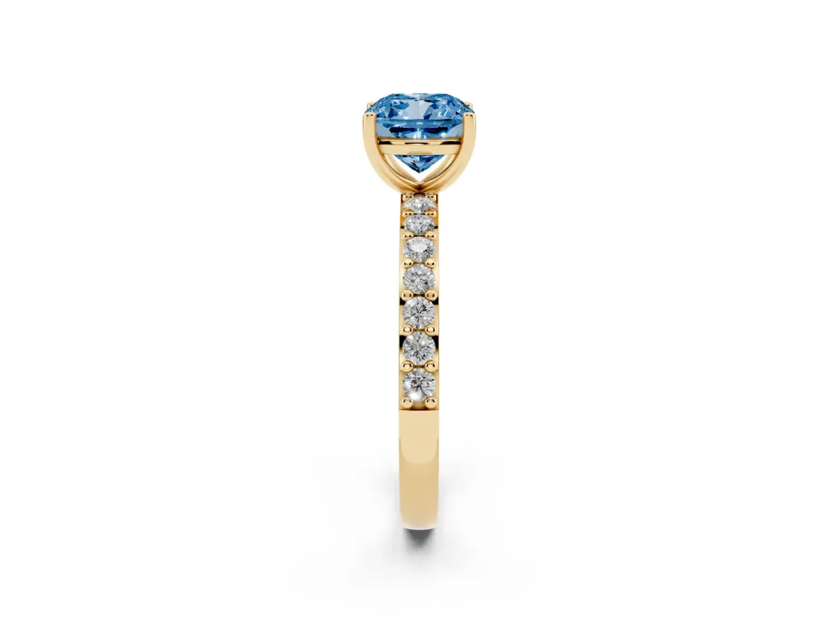 Fancy Blue Cushion Cut Cut Diamond Solitaire with Pave Band and Four-Prong Setting Yellow gold