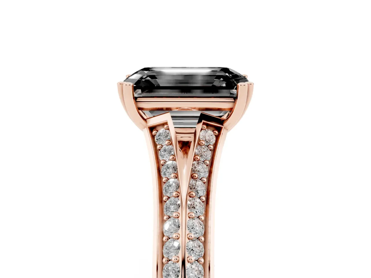 Fancy Black Emerald Cut Diamond Split Shank Engagement Ring with Pavé Band Rose gold