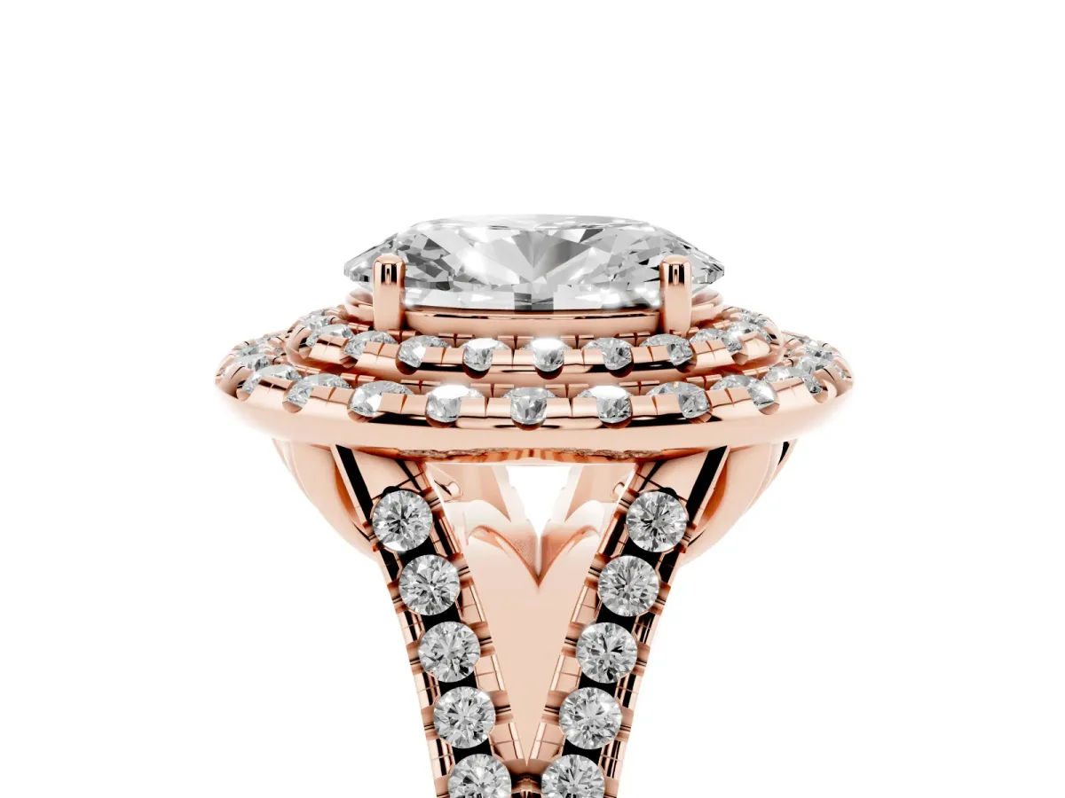Double Halo Oval Cut Diamond Pavé Split Shank Ring with Prong Setting Rose gold