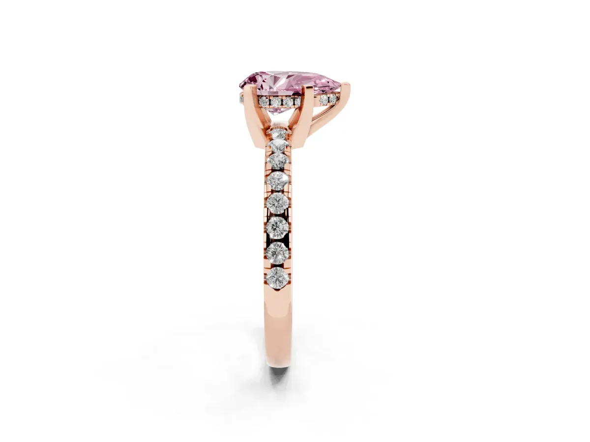 Fancy Pink Pear Cut Diamond Solitaire Ring with Round Pavé Band and Four-Prong Setting Rose gold